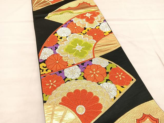 平和屋着物◎六通柄袋帯　唐織　扇面花文　黒地　金銀糸　正絹　逸品　BAAU8142hv