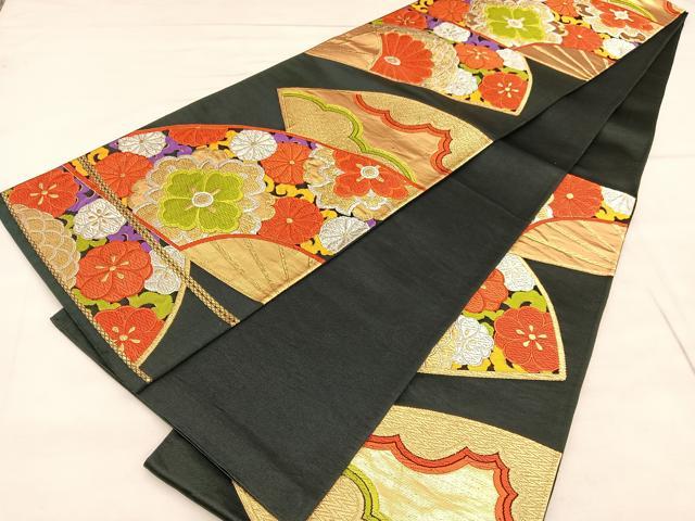 平和屋着物◎六通柄袋帯　唐織　扇面花文　黒地　金銀糸　正絹　逸品　BAAU8142hv