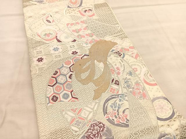 平和屋着物◎六通柄袋帯　唐織　束ね熨斗有職花文　プラチナ本銀二重織　正絹　逸品　BAAU8145hv