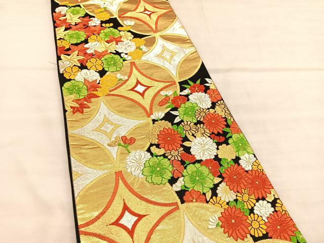 平和屋着物◎六通柄袋帯　唐織　十宝花文　黒地　金銀糸　正絹　逸品　BAAU8146hv