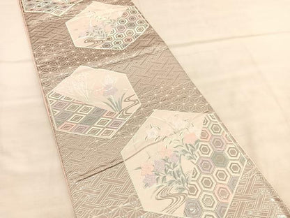 平和屋着物◎六通柄袋帯　唐織　亀甲有職花文　銀糸　正絹　逸品　未使用　BAAU8148hv