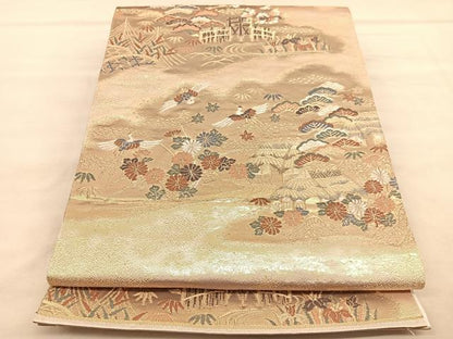 平和屋着物◎六通柄袋帯　唐織　飛鶴御所解松竹梅　金糸　正絹　逸品　BAAU8183hv