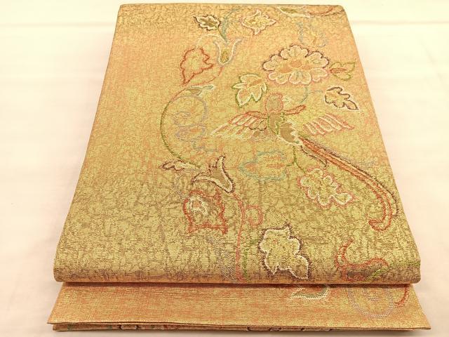 平和屋着物◎太鼓柄袋帯 唐織 花鳥文 金糸 正絹 逸品 BAAU8185hv