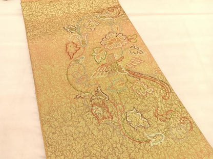 平和屋着物◎太鼓柄袋帯 唐織 花鳥文 金糸 正絹 逸品 BAAU8185hv