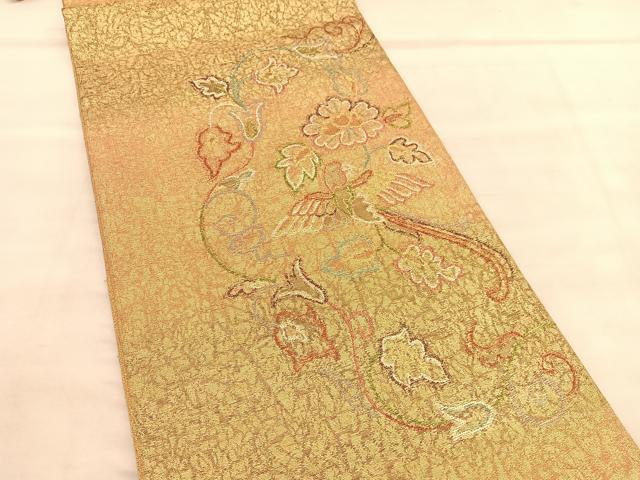 平和屋着物◎太鼓柄袋帯 唐織 花鳥文 金糸 正絹 逸品 BAAU8185hv