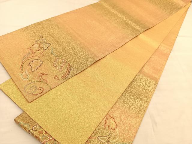 平和屋着物◎太鼓柄袋帯 唐織 花鳥文 金糸 正絹 逸品 BAAU8185hv