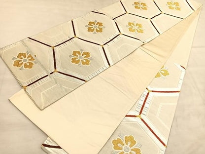 平和屋着物◎六通柄袋帯　唐織　亀甲花文　金銀糸　正絹　逸品　BAAU8200hv