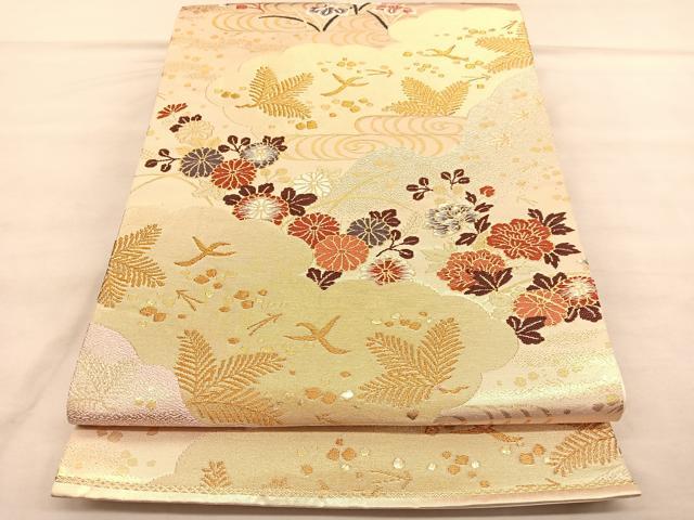 平和屋着物◎六通柄袋帯　唐織　光悦錦　流水花鳥文　金糸　正絹　逸品　BAAU8203hv