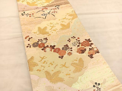 平和屋着物◎六通柄袋帯　唐織　光悦錦　流水花鳥文　金糸　正絹　逸品　BAAU8203hv