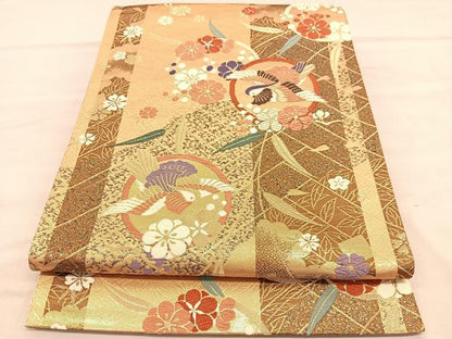 平和屋着物◎六通柄袋帯 唐織 鴛鴦花丸文 金糸 正絹 逸品 BAAU8238hv