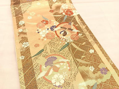 平和屋着物◎六通柄袋帯 唐織 鴛鴦花丸文 金糸 正絹 逸品 BAAU8238hv