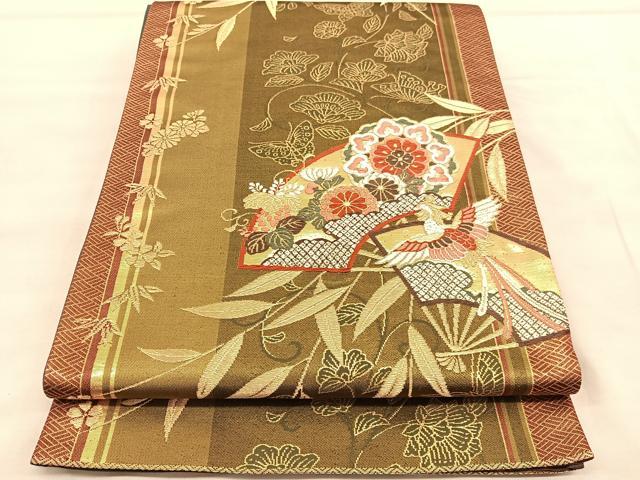 平和屋着物◎六通柄袋帯　唐織　鳳凰地紙花文　金糸　正絹　逸品　BAAU8245hv