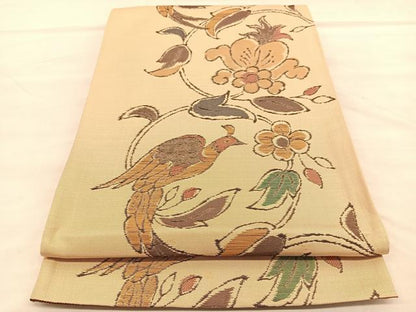 平和屋着物◎全通柄袋帯　休み鳥花唐草文　正絹　逸品　BAAU8246hv