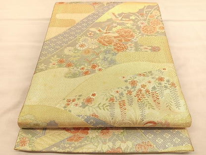平和屋着物◎宝珠本佐賀錦　六通柄袋帯　飛鶴花文　九百錦　金糸　正絹　逸品　BAAU8248hv