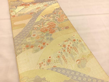 平和屋着物◎宝珠本佐賀錦　六通柄袋帯　飛鶴花文　九百錦　金糸　正絹　逸品　BAAU8248hv