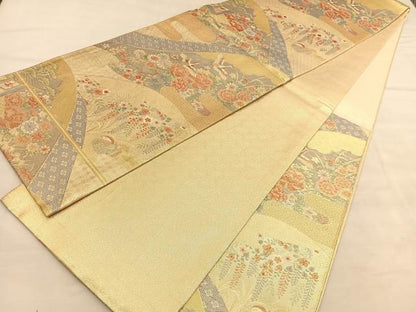 平和屋着物◎宝珠本佐賀錦　六通柄袋帯　飛鶴花文　九百錦　金糸　正絹　逸品　BAAU8248hv