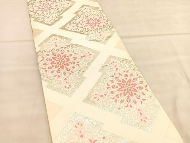 平和屋着物◎六通柄袋帯　唐織　松皮菱飾花文　銀糸　正絹　逸品　BAAU8257hv