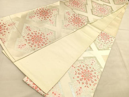 平和屋着物◎六通柄袋帯　唐織　松皮菱飾花文　銀糸　正絹　逸品　BAAU8257hv