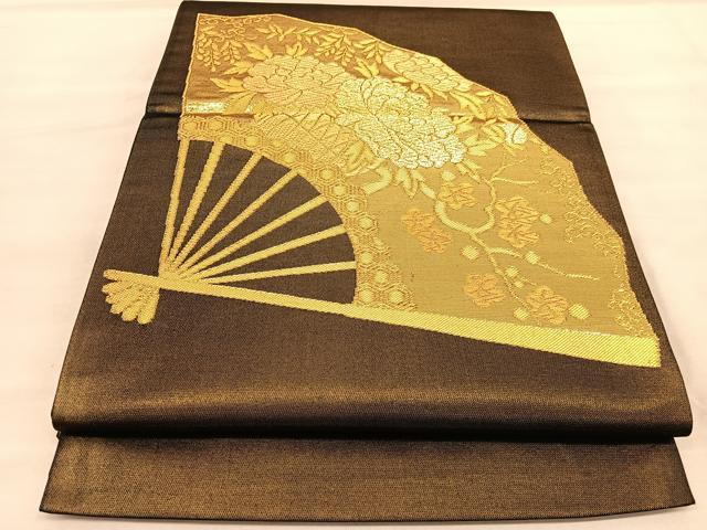 平和屋着物◎両方向　六通柄袋帯　駒刺繍　扇面飛鶴文　金糸　引箔　正絹　逸品　BAAU8264hv