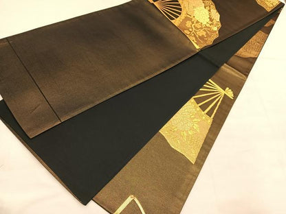 平和屋着物◎両方向　六通柄袋帯　駒刺繍　扇面飛鶴文　金糸　引箔　正絹　逸品　BAAU8264hv
