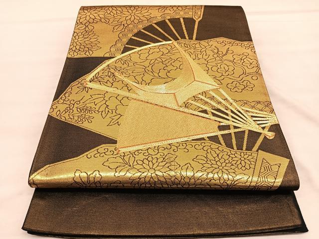 平和屋着物◎両方向　六通柄袋帯　駒刺繍　扇面飛鶴文　金糸　引箔　正絹　逸品　BAAU8264hv