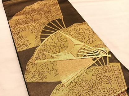 平和屋着物◎両方向　六通柄袋帯　駒刺繍　扇面飛鶴文　金糸　引箔　正絹　逸品　BAAU8264hv