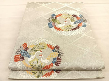 平和屋着物◎西陣　六通柄袋帯　唐織　向鶴丸文　おりはな帯　銀糸　正絹　逸品　BAAU8268hv