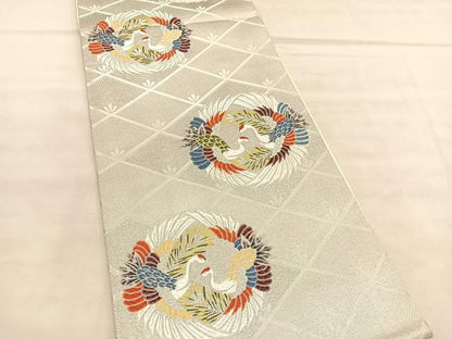 平和屋着物◎西陣　六通柄袋帯　唐織　向鶴丸文　おりはな帯　銀糸　正絹　逸品　BAAU8268hv