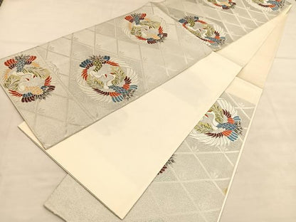 平和屋着物◎西陣　六通柄袋帯　唐織　向鶴丸文　おりはな帯　銀糸　正絹　逸品　BAAU8268hv