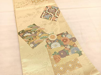 平和屋着物◎六通柄袋帯　色紙花文　金糸　正絹　逸品　BAAU8273hv