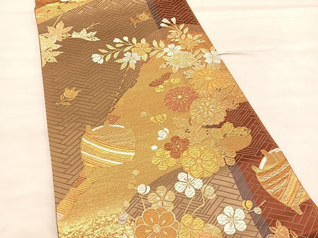 平和屋着物◎六通柄袋帯　唐織　糸巻き車遠山花文　金銀糸　正絹　逸品　BAAU8281hv