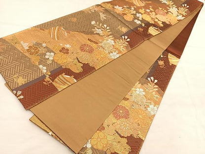 平和屋着物◎六通柄袋帯　唐織　糸巻き車遠山花文　金銀糸　正絹　逸品　BAAU8281hv