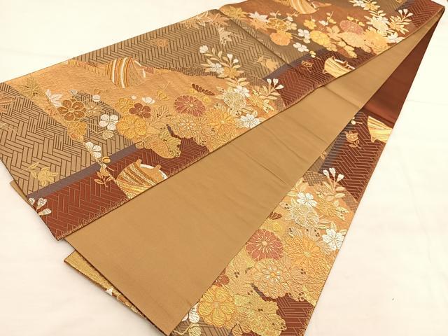 平和屋着物◎六通柄袋帯　唐織　糸巻き車遠山花文　金銀糸　正絹　逸品　BAAU8281hv