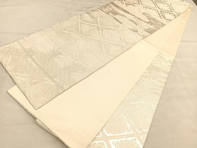 平和屋着物◎六通柄袋帯　唐織　菱天井双鶴花文　銀糸　正絹　逸品　BAAU8285hv