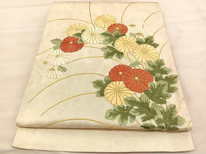 平和屋着物◎太鼓柄袋帯 総駒刺繍 菊 金糸 正絹 逸品 BAAU8291hv