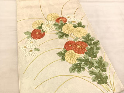 平和屋着物◎太鼓柄袋帯 総駒刺繍 菊 金糸 正絹 逸品 BAAU8291hv