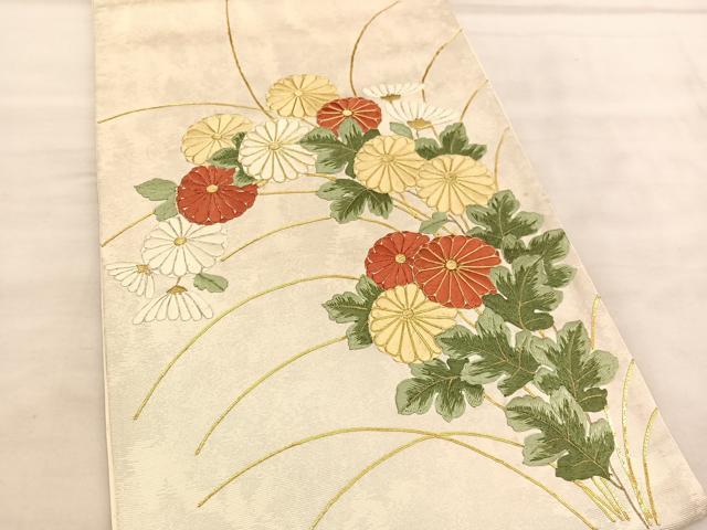平和屋着物◎太鼓柄袋帯 総駒刺繍 菊 金糸 正絹 逸品 BAAU8291hv