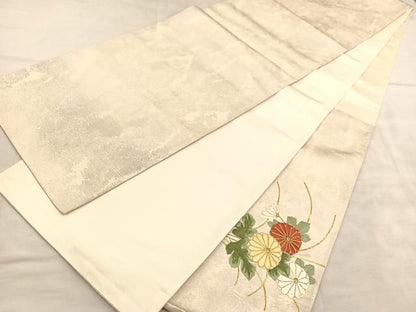 平和屋着物◎太鼓柄袋帯 総駒刺繍 菊 金糸 正絹 逸品 BAAU8291hv
