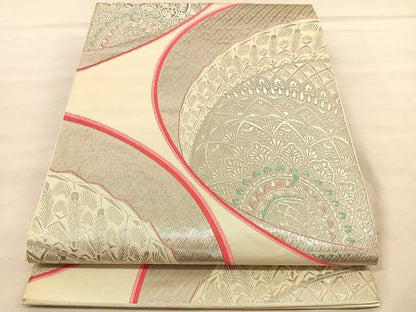 平和屋着物◎六通柄袋帯 唐織 孔雀紋様 プラチナ箔 正絹 逸品 未使用 BAAU8297hv