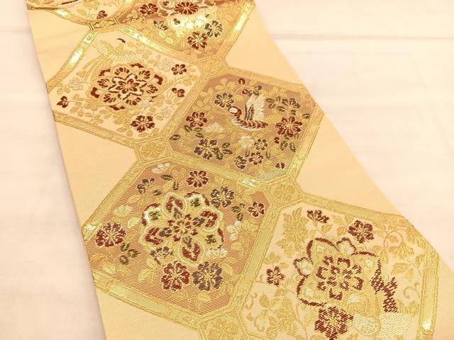 平和屋着物◎六通柄袋帯 唐織 菱天井花鳥文 金糸 正絹 逸品 BAAU8307hv