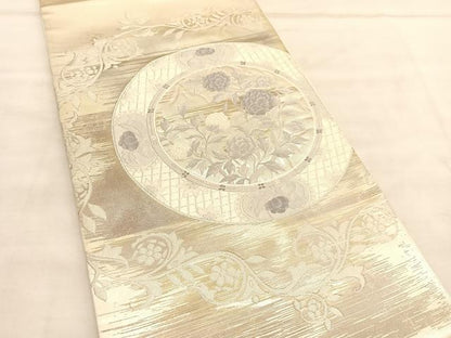 平和屋着物◎太鼓柄袋帯 花絵皿文 銀糸 正絹 逸品 BAAU8309hv