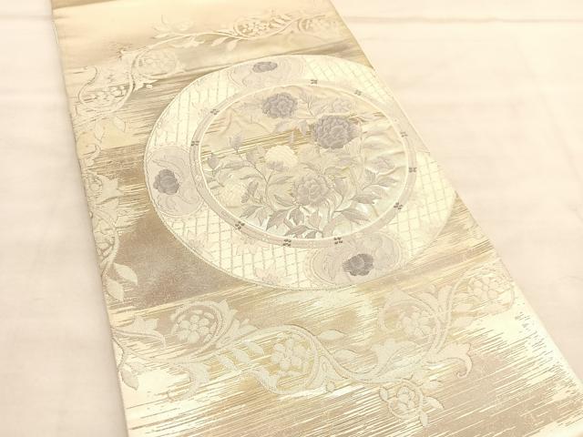 平和屋着物◎太鼓柄袋帯 花絵皿文 銀糸 正絹 逸品 BAAU8309hv