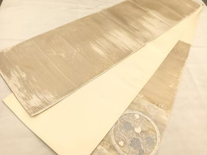 平和屋着物◎太鼓柄袋帯 花絵皿文 銀糸 正絹 逸品 BAAU8309hv