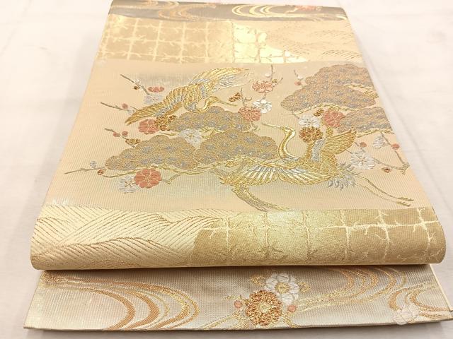 平和屋着物◎六通柄袋帯　飛鶴草花文　金糸　正絹　逸品　BAAU8405yc