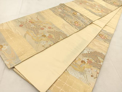 平和屋着物◎六通柄袋帯　飛鶴草花文　金糸　正絹　逸品　BAAU8405yc