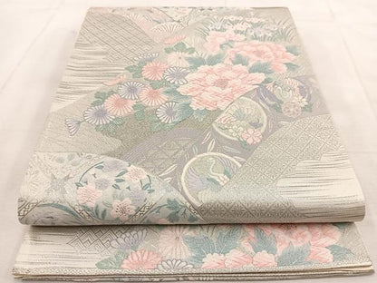 平和屋着物◎六通柄袋帯　唐織　純プラチナ　吉祥動物花文　正絹　逸品　BAAU8418yc
