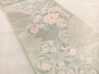 平和屋着物◎六通柄袋帯　唐織　純プラチナ　吉祥動物花文　正絹　逸品　BAAU8418yc
