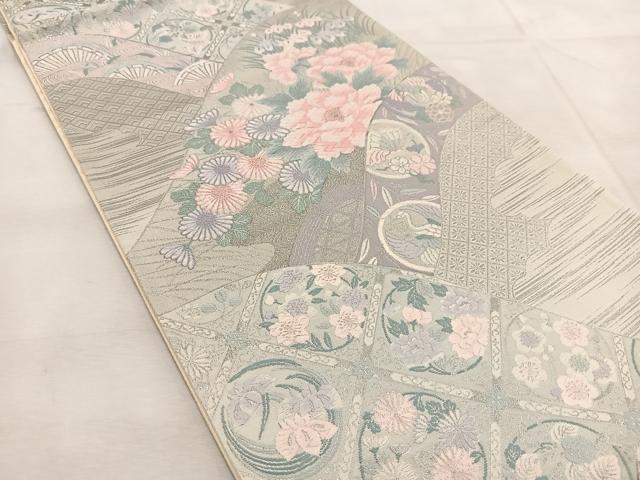 平和屋着物◎六通柄袋帯　唐織　純プラチナ　吉祥動物花文　正絹　逸品　BAAU8418yc
