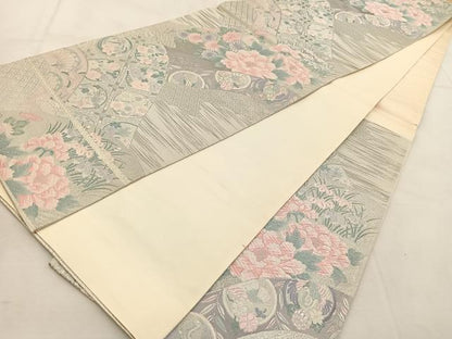平和屋着物◎六通柄袋帯　唐織　純プラチナ　吉祥動物花文　正絹　逸品　BAAU8418yc