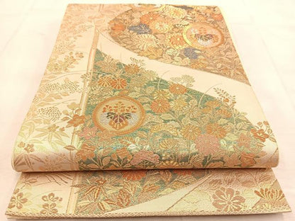 平和屋着物◎六通柄袋帯　秋草桐丸文　金銀糸　正絹　逸品　BAAU8422yc